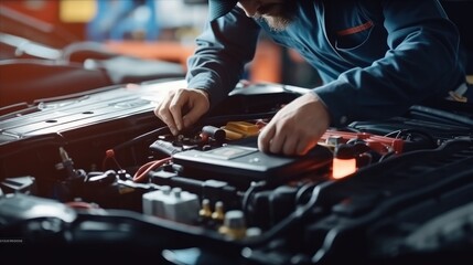 Leinwandbilder - Technician of car mechanic are repairing a car in auto repair shop, maintenance of car battery, Check the electrical system inside the car.