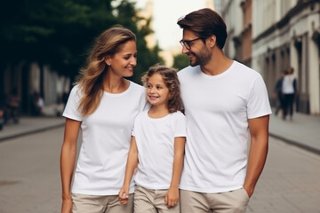 Wall Mural - dad and mam and kid wearing blank white tshirt