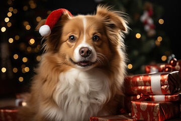 Wall Mural - dog and gift boxes on bokeh backdrop