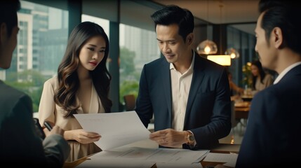 Aufkleber - Asian account manager advisor lawyer showing paper documents to client partner in office at meeting.