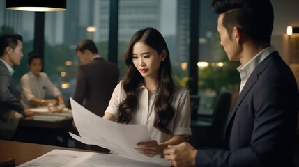 Aufkleber - Asian account manager advisor lawyer showing paper documents to client partner in office at meeting.