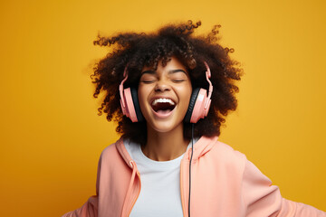 Wall Mural - Happy funny gen z hipster African American teen girl wearing headphones dancing