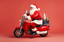 Profile Side View Of Funny Fat White-haired Santa Riding Moped, Isolated On Red Color Background