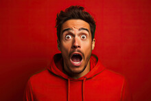 Young Man Expressing Surprise And Shock Emotion With His Mouth Open And Wide Open Eyes. Isolated On Red Background