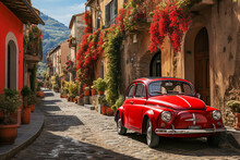 Red Old Vintage Car In A Italy Street