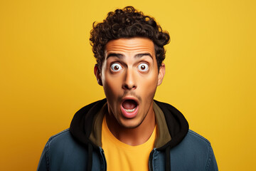 young man expressing surprise and shock emotion with his mouth open and wide open eyes. isolated on yellow background