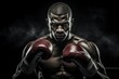 Close-up portrait of a boxer with boxing gloves on a black background, ai generative