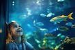 Excited children and families explore the wonders of marine life through the glass walls of the aquarium.