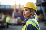 Fototapeta  - Woman Guard On Defocused Background Construction Sites . Сoncept Working Women In Construction, Construction Site Safety Concerns, Gender Equality In The Workforce