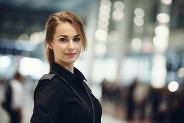 Woman Guard On Defocused Background Convention Centers . Сoncept Female Security Professionals, Defocused Backgrounds In Photography, Conventions Trade Shows, Centers Halls For Event Management
