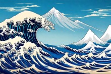 The Great Wave Off Kanagawa Painting  Vector Illustration. Old Japanese Artwork With Big Wave And Mountain Fuji On The Background.