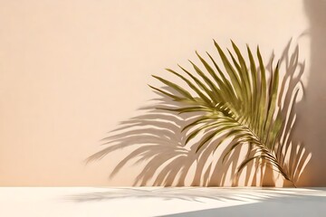 Wall Mural - Minimal product placement background with palm shadow on plaster wall. Luxury summer architecture interior aesthetic. Creative product platform stage mockup.