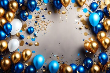 Wall Mural - Holiday background with golden and blue metallic balloons, confetti and ribbons. Festive card for birthday party, anniversary, new year, christmas or other events.