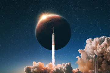 Wall Mural - space rocket with smoke and blast successfully takes off into the starry sky with the red planet mar