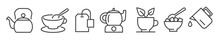 Tea Time Editable Thin Line Vector Illustration Icons Set - Teapot, Tea Cup, Teapot, Tea Bag, Lump Sugar, Teaspoon, Teapot Warmer And Pitcher