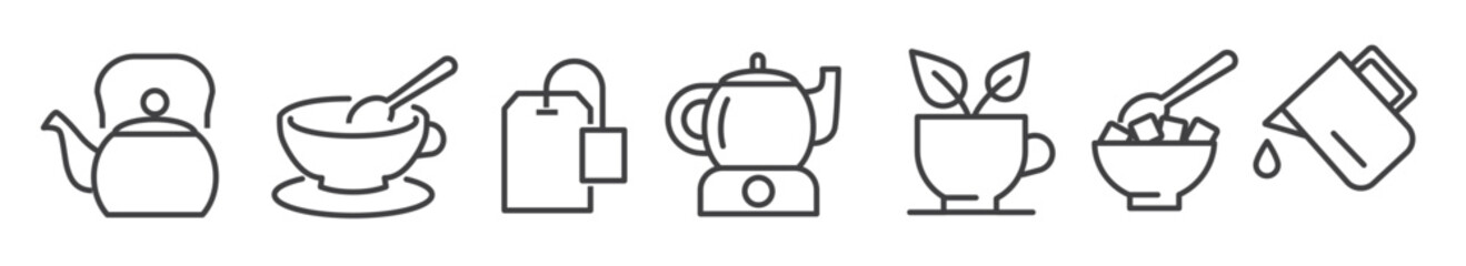 Wall Mural - Tea time editable thin line vector illustration icons set - teapot, Tea cup, teapot, tea bag, lump sugar, teaspoon, teapot warmer and pitcher