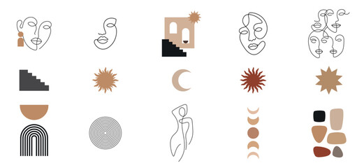retro mid century modern clipart set, vector illustration, abstract minimalist design with geometric shapes, boho elements and line art  faces, simple woman portrait