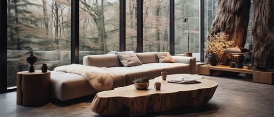 Livingroom, edge tree stump accent coffee table with big couch in room, Minimalist home interior design of modern living room in house, Generative AI