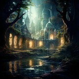 Fototapeta  - Fantasy castle in magic forest. Generative AI technology.