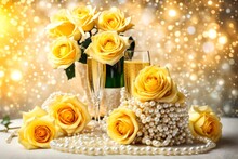 Romantic Elegance: Yellow Roses, Pearls, And Champagne Amidst A Glittering Bokeh Dream