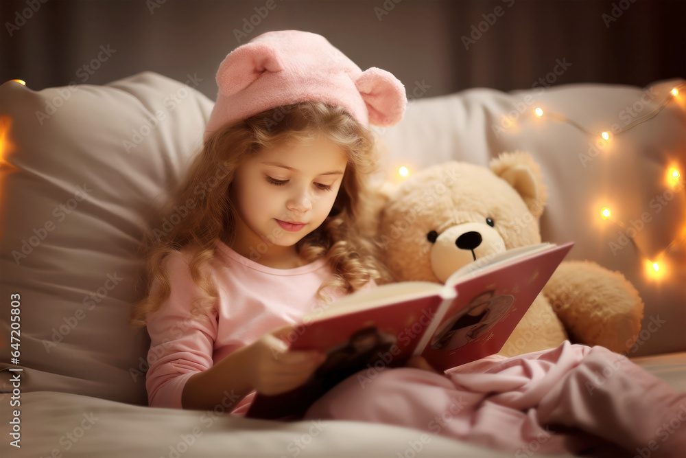 Child girl reading a book with her stuffed plush teddy bear while both ...