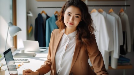 Poster - Beautiful Asian young woman in office of fashion designer.