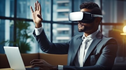 Aufkleber - New technologies in the office, Business man having a meeting in office with VR glasses.