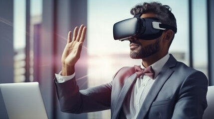 Aufkleber - New technologies in the office, Business man having a meeting in office with VR glasses.