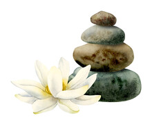 Watercolor Lotus Flower And Balanced Stones Pyramid Realistic Illustration For Yoga Ans Spa Centers, Natural Cosmetics And Health Care