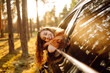 Portrait of a cute woman in casual stylish clothes leaning out of the car window, smiling, enjoying the views and sunny weather in forest. Adventure, travel concept.