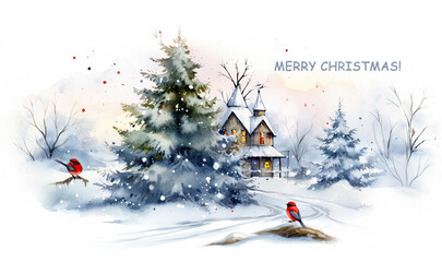 Christmas and New Year card with bird and trees