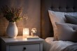 Nighttime ambiance in bedroom with elegant bedside lamp and Scandinavian decor. Generative AI