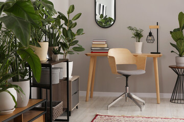 Poster - cozy room interior with stylish furniture, houseplants and decor elements