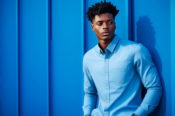 Young handsome african american man in blue shirt against blue wall. Selective focus. 