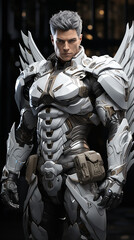 Caucasian young male, tactical suit, archangel, super hero, death angel, powerful wings, fighting full body. AI Generative