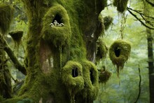 Ancient Tree Trunk With Moss-covered Bird Nests In Auvergne Forest. Generative AI