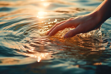 Closeup of a woman's hand touching the lake water, causing ripples. A concepts of cleansing, nature, environment and sustainability