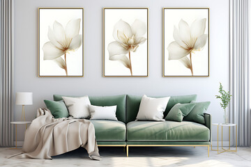 Pair of Gold and Floral Banners with Delicate White Leaves on a wall with furniture in living room with green sofa, Realistic Watercolor Paintings in a Palette of Dark White and Light Emerald