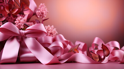 Wall Mural - Pink ribbon on pink background with copy space