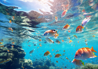 Underwater reef with various fishes and blue sky background.Macro.AI Generative