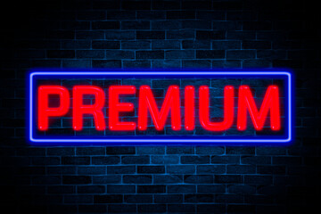 Sticker - Premium neon banner on brick wall background.