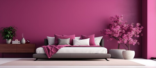 Bedroom interior design with minimal Muji influence featuring a vibrant magenta color scheme and Japandi inspired elements Rendered in