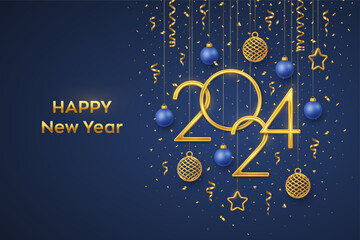 Wall Mural - Happy New 2024 Year. Hanging Golden metallic numbers 2024 with shining 3D metallic stars, balls and confetti on blue background. New Year greeting card, banner template. Realistic Vector illustration.