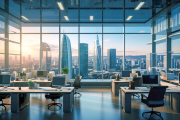 Wide panorama view inside office in skyscraper, nobody