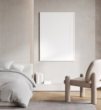 Blank Poster Frame Mockup In Modern Bedroom Interior Background On Beige Wall, 3d Rendering