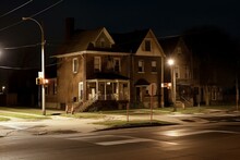 Night Urban Neighborhood, Rundown Houses, Illuminated Windows, Deteriorated Road, Crosswalk, Lights, Signals. Generative AI