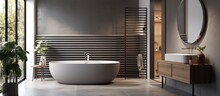 A Modern House Design With A Grey Bathroom Interior Featuring A Dark Panel Partition Wooden Vanity Mirror And Concrete Floor Adjacent To The Bathroom Is An Oval Ceramic Bathtub And A Modern