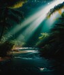 © JutaDesign - Beautiful view of a tropical river in the rainforest with sunlight  Generative Ai