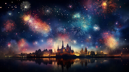 happy new year background with fireworks at night on city landscape view, cityscape background ai im
