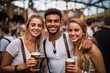 a couple of young diverse man and woman in traditional german attire celebrating oktoberfest in the beer garden drinking, laughing, having fun chatting together, summer or early autumn weather